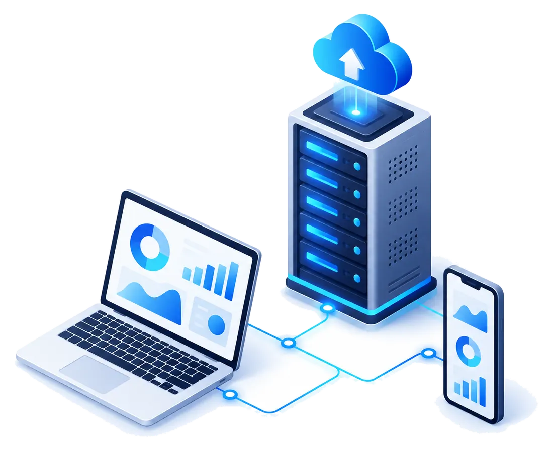 Server, Laptop und Smartphone mit der Cloud verbunden